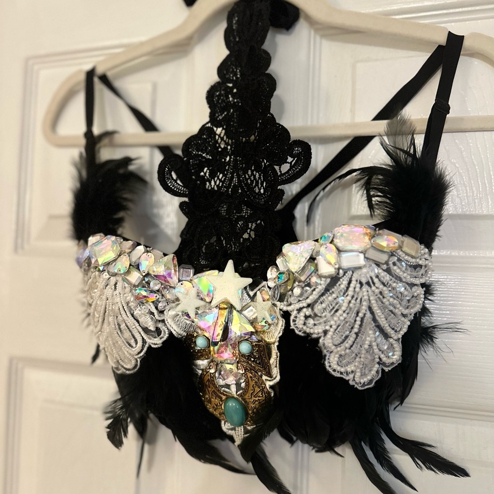 Embellished Feather Festival Bra - Black & Silver